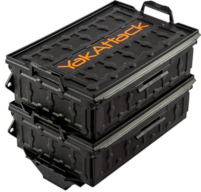 YakAttack TracPak Black Combo Kit – 2 Stackable Kayak Storage Boxes with Quick Release Track Mount Base | Kayak Crate System for Fishing Gear & Tackle Accessories | Compact Kayaking Storage Box