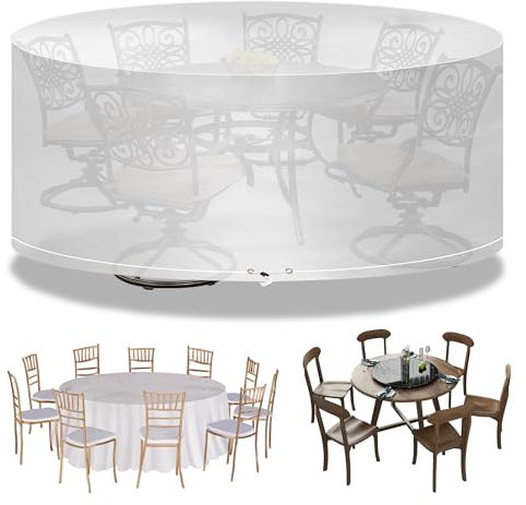 Funshot Housse de protection pour meubles de jardin ronde imperméable en polyéthylène transparent - Pour meubles de jardin d'extérieur - Housse de protection pour table et chaise - Diamètre : 300 x 90