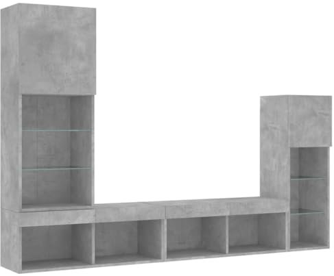 vidaXL Wohnwand 4-TLG., Schrankwand mit viel Stauraum, Anbauwand mit LED-Beleuchtung, Wandmontage Fernsehschrank Wohnzimmer Set Schrank, Betongrau Holzwerkstoff