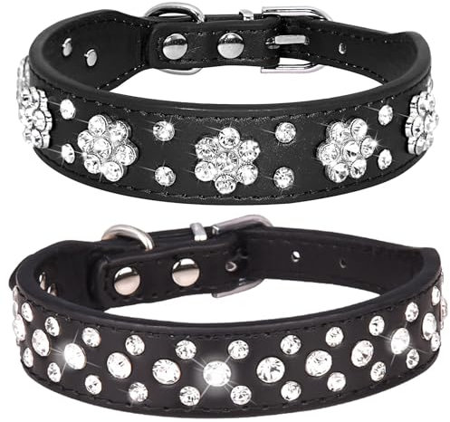 HALFSUMO 2 Stück Leder Hundehalsband Strass Hund Katzenhalsband Bling Diamant mit Strass Blüten Dekoration Haustier Hund Katze Welpenhalsband Schwarz XS