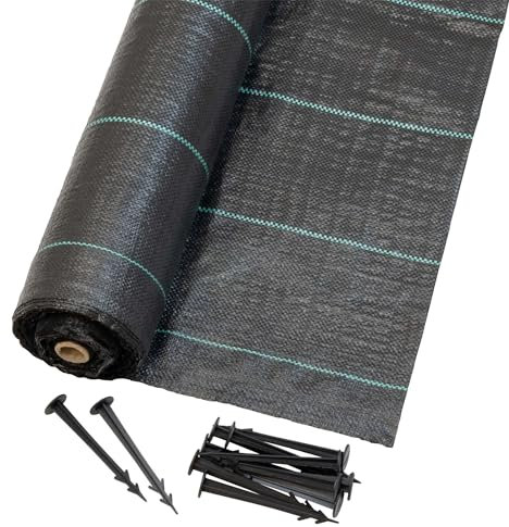 Jardinion 50m Toile anti-mauvaises herbes 100g/m² + 40 piquets, perméable, noir