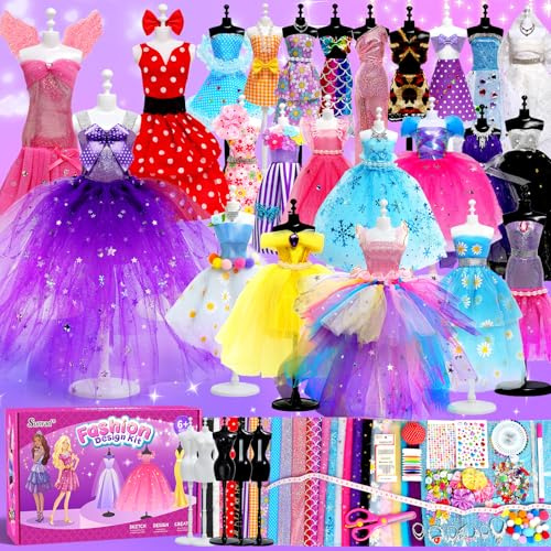 Sunrad 1000+ Pcs Fashion Designer Kit for Girls with 5 Mannequins,DIY Arts & Crafts Kit Learning Toys Sewing Kit for Kids,Learning Toys Sewing Kit for Teen Girls Birthday Gift Age 6 7 8 9 10 11 12+