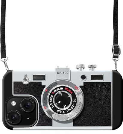 UnnFiko Emily in Paris Handyhüllen iPhone 14,3D Vintage Kamera lustige kreative hülle mit abnehmbarem Kette,Schutzhülle zum Umhängen,Schwarz.