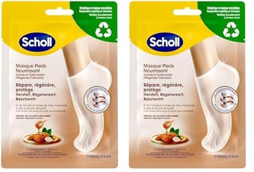 Scholl Masque Pieds à l'Amande et au Miel pour peaux sèches - En 20 minutes - Chaussettes de soin hydratantes, non grasses et faciles à utiliser - Masques et emballage recyclables - 1 paire (Lot de 2)