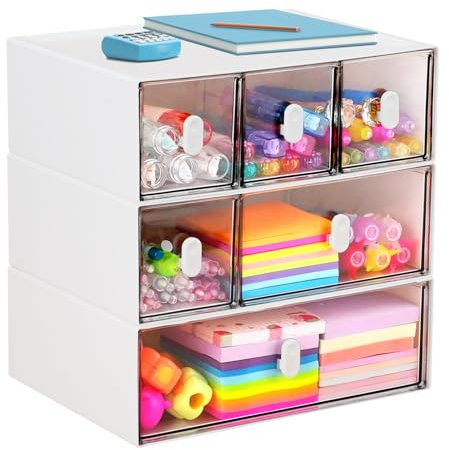 Desk Organiser with 6 Drawers, 3 Layers Stackable Plastic Desk Organiser Drawers, Detachable Storage Drawers, Transparent Makeup Organisers Storage for Office Bedroom Bathroom School Counter Dresser