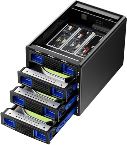 Hybrid 3*3.5 HDD+3*M.2 NVMe Enclosure with Fan for 2.5/3.5 SATA HDD/SSD, M Key/B+M Key 2230/42/60/80/110 M.2 SSD, USB A/C 3.2 Gen 2 Cable, Hard Drive Enclosure Support Hot Swappable, 90TB