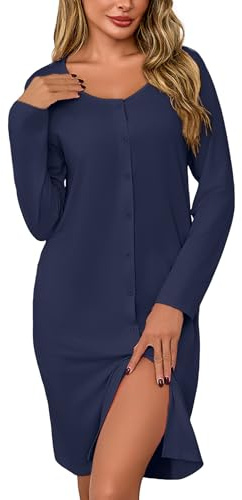 Litherday Chemise de Nuit Femme Longue Manche Coton avec Boutons Col Rond Robe de Nuit Hiver Vêtement de Nuit Allaitement Pyjama Doux et Confortable