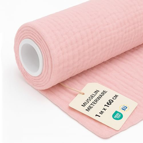 Musselin Stoff Meterware 1 M x 160 cm - Baumwollstoff Stoffe zum Nähen ideal für Bettwäsche Decke Kinder Tuch Tischläufer leichte Baumwolle Fabric Musselinstoff Oeko-Tex-Zertifikat Rosa