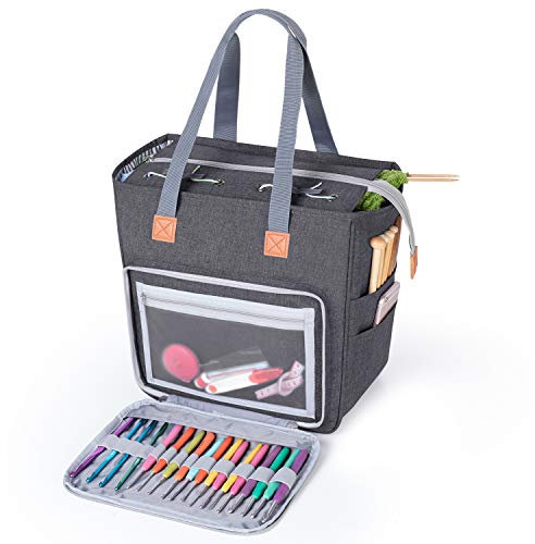 Luxja Bolsa de Labores de Punto, Bolsa Para Crochet, Almacenamiento Ovillos Bolso para madejas de hilo, ganchos de ganchillo, agujas de tejer y otros accesorios pequeños, Gris