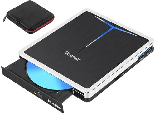 Guamar External Blu Ray Drive: USB 3.0 Type-C Blu Ray Burner with SD/TF Slot/2 USB Ports/Carrying Case - Portable Slim External Blueray/DVD Drive for PC Laptop Mac Windows 11