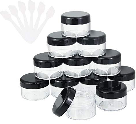 GOLRISEN Cosmetic Container,12pcs Plastic Travel Jars,with Black Screw Lids 15ml Sample Containers Pots Bottles and 6pcs Spatulas for DIY Travel Makeup Creams/Powder/Mineral Make Up Cosmetic