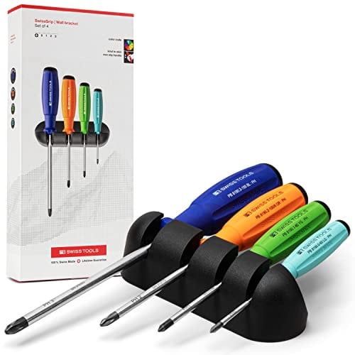 PB Swiss Tools Kreuzschlitz Schraubendreher Set PB 8242.RB | 100% Swiss Made | 4-teiliges SwissGrip Schraubenzieher Set PH 0/1/2/3, inklusive praktischer Wandhalterung