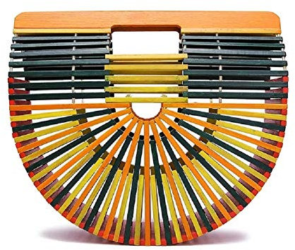 RULER TRUTH Women's Bamboo Handbag by Handmade Straw Bag,Tote Bamboo Purse Natural Basket Bag for Summer Beach, Multicolor, S