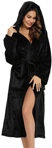 Vlazom Vestaglia da Donna in Pile, Vestaglia Pile Donna con Cappuccio Vestaglia Donna Pile Lunga Invernale Morbido Vestaglia in Flanella per Casa/Regalo di Natale,XL,B-Nero
