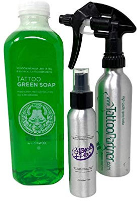ALOE TATTOO PROFI Set: Grüne Seife, Abzugsflüssigkeit, TP Sprayflasche - INKgrafiX® Deutschland - PROFI STUDIO - IG54708 - Aloe SET Flüssigkeit Seife vegan