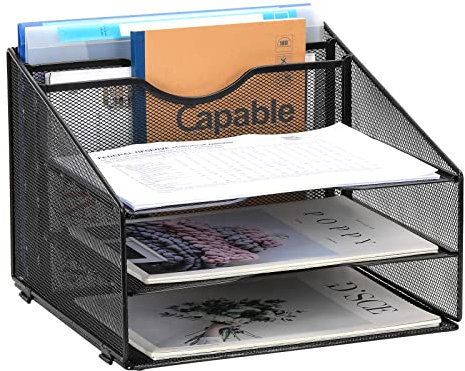EasyPAG 5 Compartiments Métal Corbeilles à Courrier A4 Banette de Rangement Bureau Porte Revue Organisateur de Magazine Bannette Papier Range Document,Noir