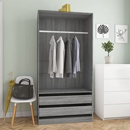 Hommdiy Kleiderschrank 2 Schubladen Kleiderständer Schrank Kleiderstange Garderobenschrank Regal offen Grau Sonoma 100x50x200 cm Holzwerkstoff
