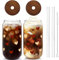Mason Life Iced Coffee Cups, 20 OZ Hearts Cup Beer Can Glass, Love Can Couple Drinking Glasses, Glass Cup with Bamboo Lids and Straw, Brown Heart Glass Cup - 2 Sets