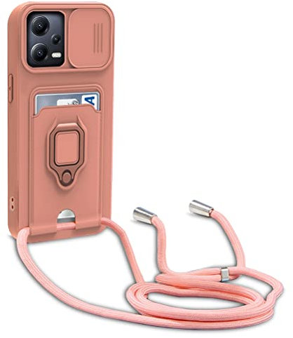 Dllatui Funda Compatible con Xiaomi Redmi Note 12 5G/Poco X5 5G,Cuello Cordón Carcasa Silicona Suave,Ranura con Tarjetas,Carcasa Cubierta cámara Deslizante Proteger, Anillo Soporte (Pink)