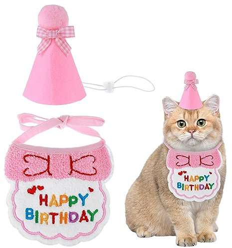 Amaxiu Geburtstagsmütze Schal-Set für kleine Hunde und Katzen, niedliches Haustier Geburtstags Bandana Partyzubehör Welpen Happy Birthday Dekorationen Besticktes für Mädchen Jungen Kätzchen(Rosa)
