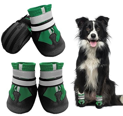 NeuWook Stivali per Cani, 4 Pcs Scarpe per Cani Impermeabili con Cinturini Riflettenti, Suola Antiscivolo Protezioni per Zampe Stivali per Cani di Taglia Piccola e Media (S, Verde)