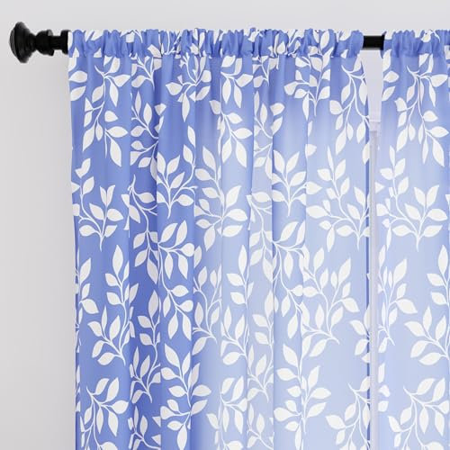 Encasa XO Polyester halbtransparent Gedruckt 140 cm W x 137 cm L Vorhänge mit Krawattenrücken 140x137 cm (4.5 ft), Reverse Leaf Blue - 2 Packung - Nicht schrumpfen & maschinenwaschbar