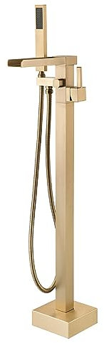 BiaoTeng Robinet Baignoire Ilot Autoportante Cascade Or brossé Monocommande Robinet Salle Bain Baignoire Ilot Robinet Baignoire à Poser Au Sol, Or brossé