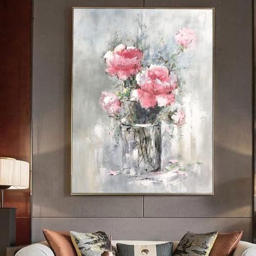 Acrylbilder Auf Leinwand Handgemalt,Handgemalte Wandmalerei Der Modernen Kunst, Eleganter Rosa Blumenstrauß, Rahmenlose Handgemalte Ölgemälde Auf Leinwand, Wandkunst Für Wohnzimmer, Schlafzimmer,