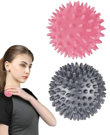 DHWEKU Juego de 2 Bolas de masaje para erizos, Pelota de masaje Bola de fascia, Ideal para masajear manos, piernas, glúteos, músculos de los pies(gris y rosa 7 cm)