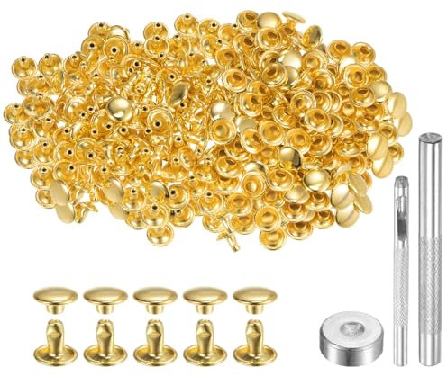 QUARKZMAN 200 Juegos Remaches de Cuero 8mm X 6mm Remaches de Metal de Doble Tapa Sujetadores Con 3 Instalación Herramientas para manualidades Cuero Manualidades Tono Dorado