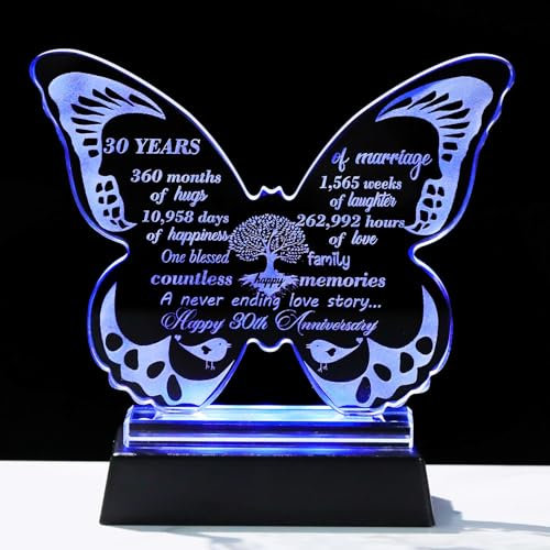 Ornalrist 13.6cm Glass Happy 30th Wedding Anniversary Love Gifts for Parents Couples- 30th Anniversary Butterfly Keepsake with LED Base Home Ornaments, 30 Years of Love Anniversary Presents for Wife