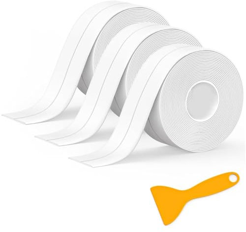 Lot de 3 rouleaux de bande d'étanchéité auto-adhésive pour salle de bain - Blanc - Étanche - Pour toilettes, baignoire, douche, coin mural, cuisine avec outil d'étanchéité
