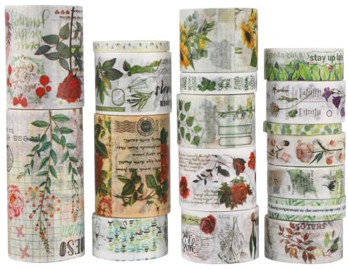 Vintage Washi Tape Set, 2m x18 Rollen, Journaling Zubehör, Scrapbooking Zubehör, Washi Tape Breit, Washitape für Bullet Journaling, Dekoration, Mehr, DIY-Projekte und Geschenk, Sonnenblumen, Rosen