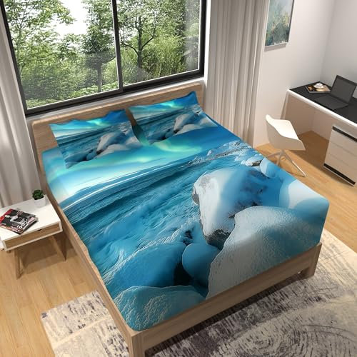Bedding VerträUmte Nordlichter 2er Set, Blau Weiss Spannbettlaken 180 x 200 cm, Mikrofaser Spannbetttuch Passt auf Matratzen bis zu 30 cm Höhe Weiches knitterfreies atmungsaktives Bettlaken