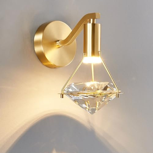 LOGT Moderne Kristall Wandleuchte Messing 3 Farben Einstellbar K9 Glas Wandlampe LED Innen Diamant Luxus Deco Nachttischlampe Gold Leselampe für Schlafzimmer Wohnzimmer Esszimmer Flur Treppe