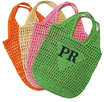 Personalized Raffia Beach Tote Bag For Women Custom Straw Bag With Initials Raffia Tote Reusable Shopping Shoulder Basket, Multicolor, M