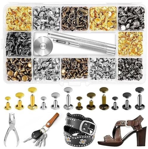VAIGU:OA 480 Set Leder Nieten - Metallniete Doppelkappe Hohlnieten 12mm 8mm 6mm Nieten für Leder Nieten für Kleidung mit 3 Fixierung Werkzeug 4 Farben, für DIY Lederhandwerk Kleidung Dekoration