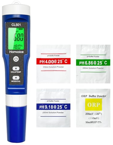 Homcoice Misuratore pH Cloro Piscina 5 in 1, misurazione accurata pH Cloro ORP H₂ (ricco di idrogeno) Temperatura Meter, Tester Qualità Acqua per acqua potabile, acquario, idroponica