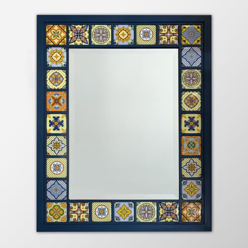Artistry Home Greek Blue Mosaic Mirror 41x51 cm Handmade Ceramic Tile Wall Mirror Rustic Wood Frame for Bathroom Hallway or Living Room Decor