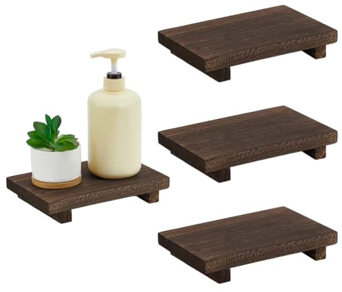 INTERWARM 4 Stück Badezimmertablett Aus Holz，Holzständer Mit Sockel | 22.9x15x4cm Seifenablageständer Für Küchenspüle Thekenspüle Bauernhaus Dekoration Für Flaschen Pflanzen Make Up Taschentücher