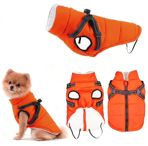 Hundemantel Winter mit Geschirr Einstellbar, ZoneYan Wasserdicht & Warm Hundemantel für Kleine Hunde, Reflektierende Winterjacke, Winddicht Weste für Hund (Orange, L)
