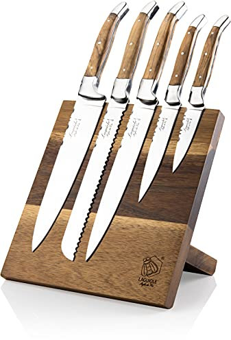 Laguiole Style de Vie Messerset Luxury Line, 5-teilig, Magnetischer Messerblock, Olivenholz