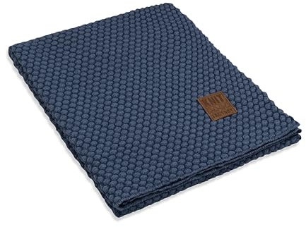 KNIT FACTORY - Juul Plaid - Kuscheldecke für das Sofa - Wolldecke - Decke aus 30% Wolle und 70% Polyacryl - Jeans/Indigo - 130x160 cm