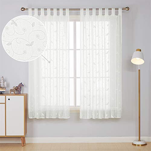 Deconovo Voile Schlaufen Vorhänge Durchsichtig Gardinenschals mit Stickerei, Stoff, Creme, 175x140