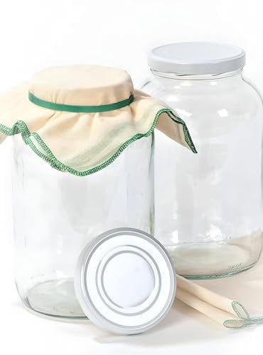myFERMENTS - Kit de Tarros de Cristal 4 L para Fermentación con Boca Ancha de 10 cm | Incluye Muselinas de Algodón y Gomas | Ideal para Kombucha, Kéfir, Leches Vegetales y Conservas | 2 Ud