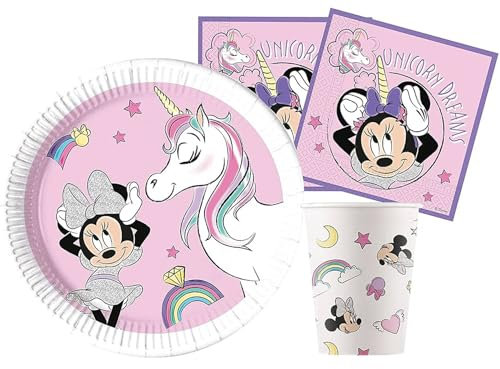 Isola Party Kit Festa di Compleanno Minnie Unicorn per 24 Persone Eco-Friendly (24 Piatti ⌀ 23 cm, 24 Bicchieri 266 ml, 40 Tovaglioli 33x33 cm)