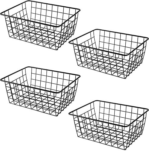 KOHAND 4 Pack 11 x 8.5 x 4.7 Inch Black Wire Storage Baskets, Metal Iron Storage Bin, Wire Freezer Organizer Bin, Small Pantry Baskets for Food, Snacks, Drinks, Fruits