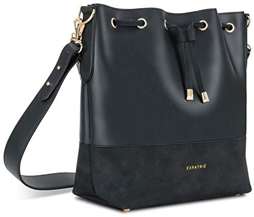 Expatrié Handtasche Damen Schwarz SARAH Bucket Bag Umhängetasche aus veganem PU-Leder für Shopping, Büro, Freizeit - Stylische Crossbody Schultertasche für Frauen
