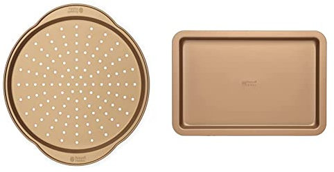 Russell Hobbs® RH02338GEU7 Opulence Non-Stick Pizza Pan, Oven Safe to 220 Degrees, 37 cm, Carbon Steel, Gold & RH01690GEU7 Opulence 37 cm Carbon Steel Baking Tray, Non-Stick Surface