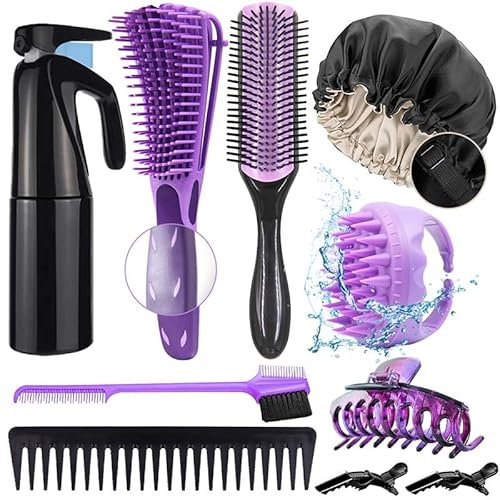 10Pcs Detangling Brush Set for Black Natural Hair With Sleep Bonnet - Curly Hair Brush for Afro American/African 3a to 4c Texture - Easier and Faster Detangling on Wash Days